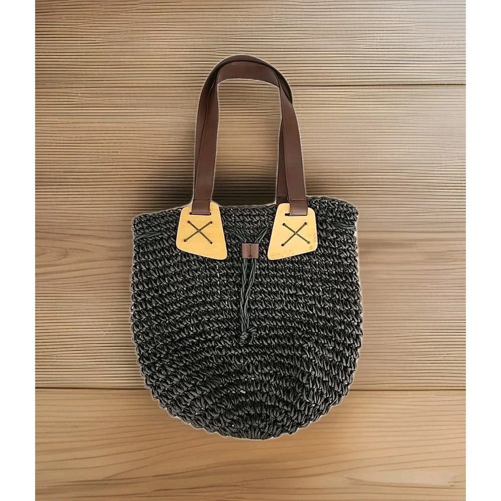 Straw, Leather & Wood Women's Tote Shoulder Handbag Black w/Brown Leather Straps